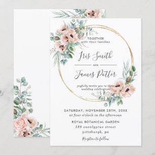 Elegante Blush Blumengrün Gold Rahmen Hochzeit Einladung