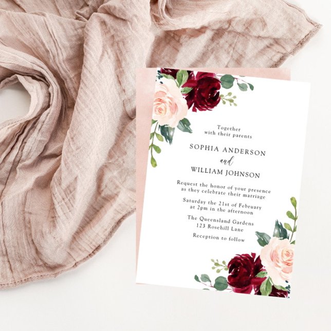 Elegante Blush & Burgund Hochzeit der Wasserfarben Einladung (Von Creator hochgeladen)