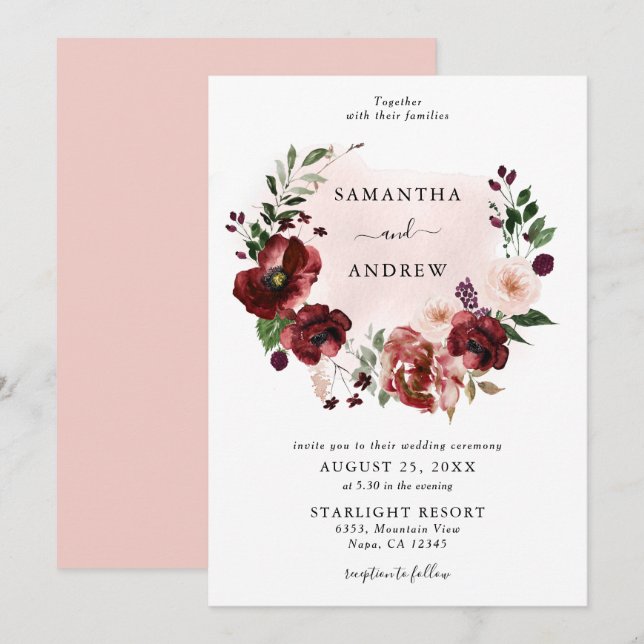 Elegante Blush Burgundy Blumenzeremonie Einladung (Vorne/Hinten)