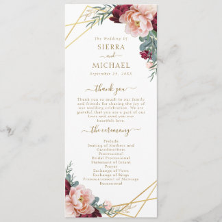 Elegante Blush Burgundy Floral Gold Wedding Programm