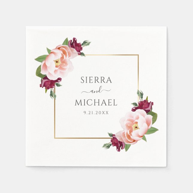 Elegante Blush Burgundy Floral Gold Wedding Serviette (Vorderseite)