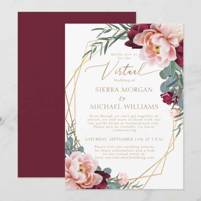 Elegante Blush Burgundy Gold Virtual Wedding Einladung (Vorne/Hinten)