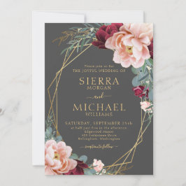 Elegante Blush Burgundy Gray Gold Peony Wedding Einladung