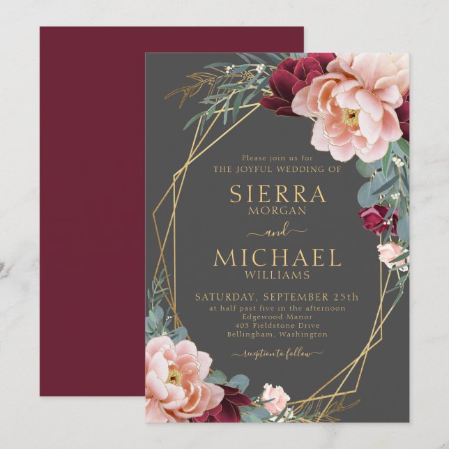 Elegante Blush Burgundy Gray Gold Peony Wedding Einladung (Vorne/Hinten)
