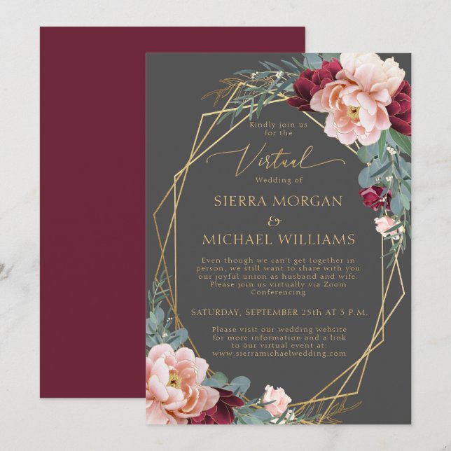 Elegante Blush Burgundy Gray Gold Virtual Wedding Einladung (Vorne/Hinten)