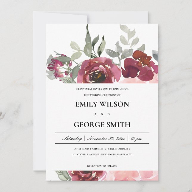 ELEGANTE BLUSH BURGUNDY ROSE FLORAL WEDING INVITE DANKESKARTE (Vorderseite)