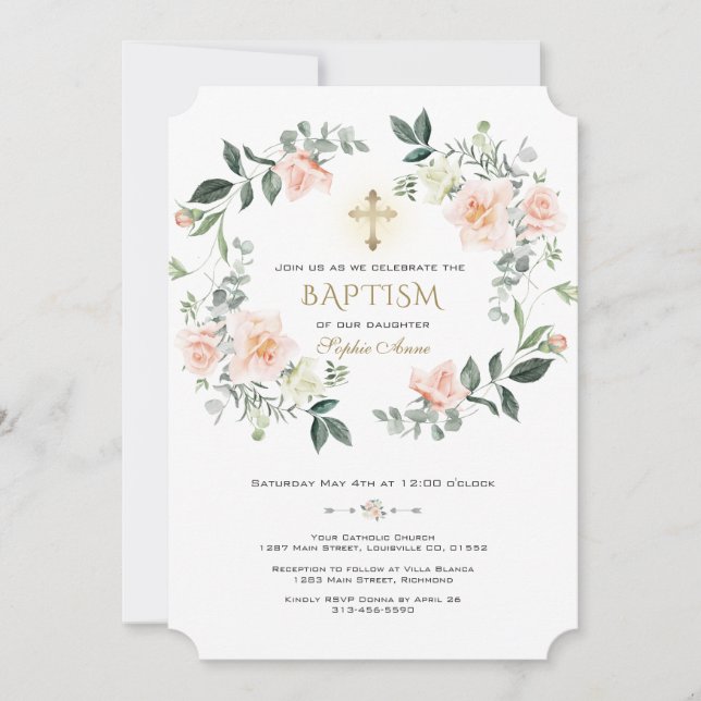 Elegante Blush Cream Blume Wreath Gold Taufe Einladung (Vorderseite)