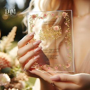 Elegante Blush Dahlien Golden Script Hochzeitsfoto Acryleinladungen