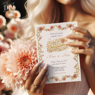 Elegante Blush Dahlien Golden Script Hochzeitsfoto Einladung