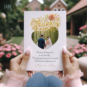 Elegante Blush-Dahlien Hochzeitsfoto mit goldenem Dankeskarte