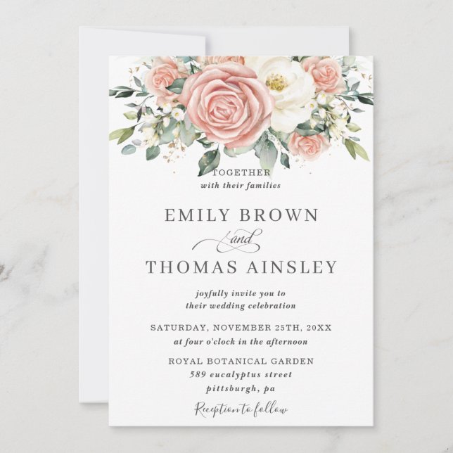 Elegante Blush Elfenbeinblume Rose Blume Hochzeit Einladung (Vorderseite)