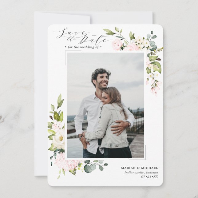Elegante Blush Floral & Eukalyptus Wedding Save The Date (Vorderseite)