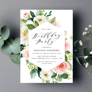 Elegante Blush Floral Frame Geburtstagsparty Einladung