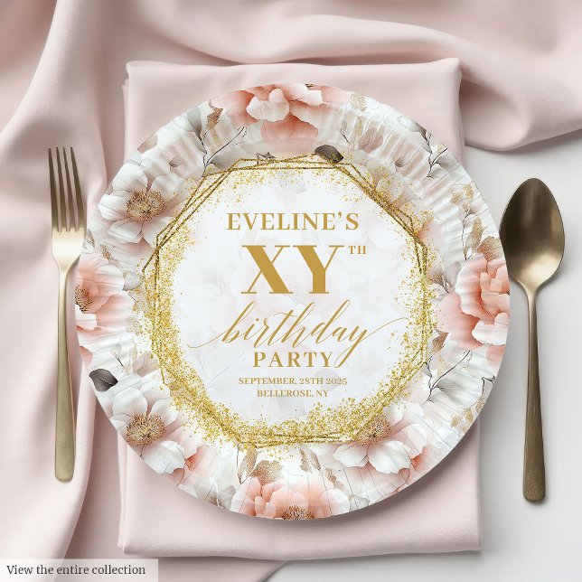 Elegante Blush Floral Geburtstagsparty Teller (Elegant Blush Floral Birthday Party Paper Plates

)