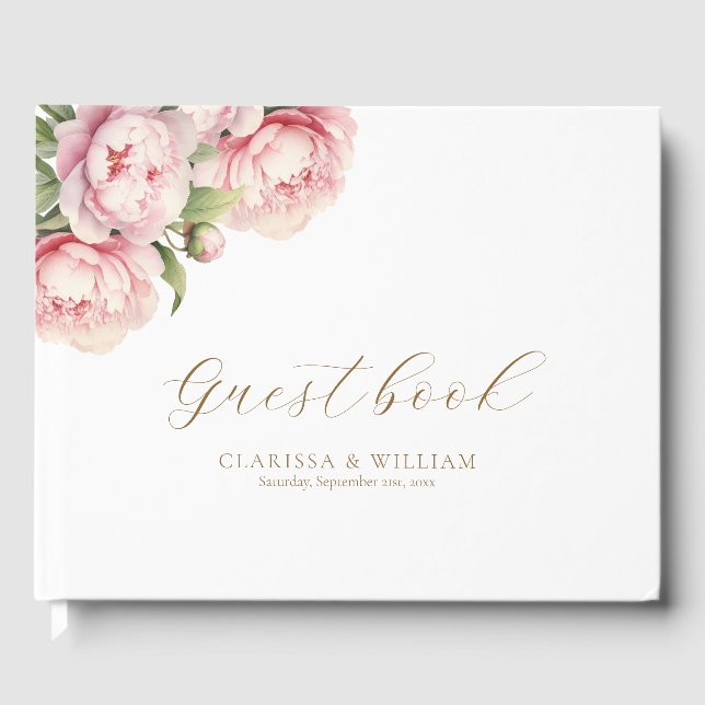Elegante Blush Floral Gold Weiß Moderne Hochzeit Gästebuch (Vorderseite)