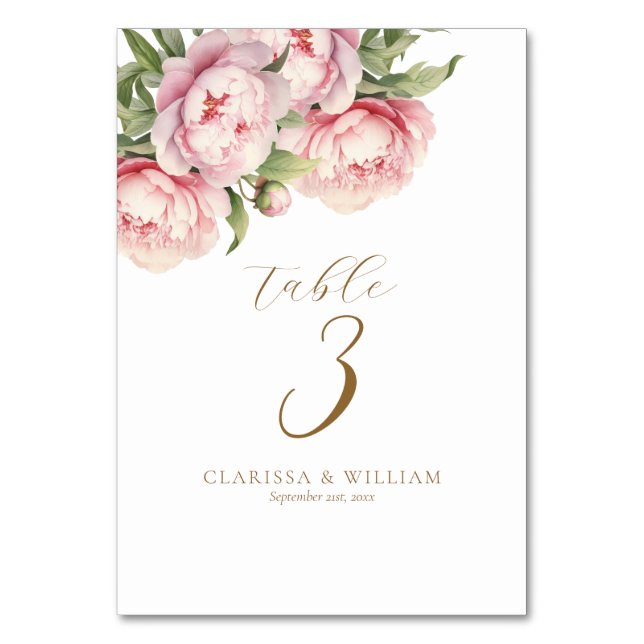 Elegante Blush Floral Gold Weiß Moderne Hochzeit Tischnummer (Vorderseite)