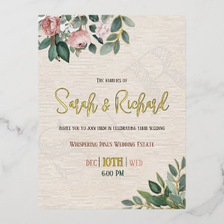 Elegante Blush Floral Monogram Wedding Folie Einladungspostkarte