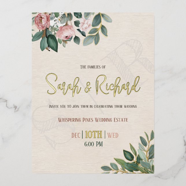 Elegante Blush Floral Monogram Wedding Folie Einladungspostkarte (Vorderseite)