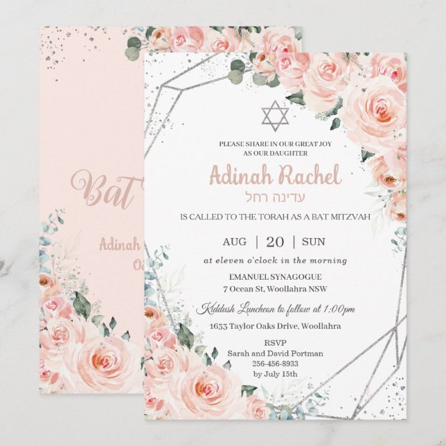 Elegante Blush Floral Rose Silver Bat Mitzvah Einladung (Vorne/Hinten)
