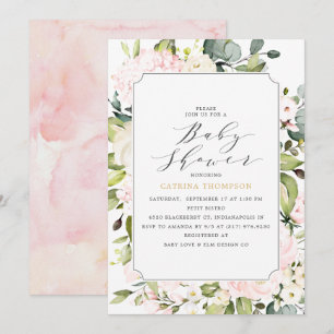 Elegante Blush Floral und Eucalyptus Baby Dusche Einladung