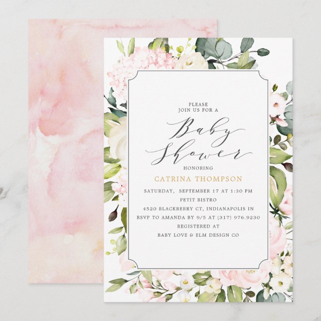 Elegante Blush Floral und Eucalyptus Baby Shower Einladung (Vorne/Hinten)