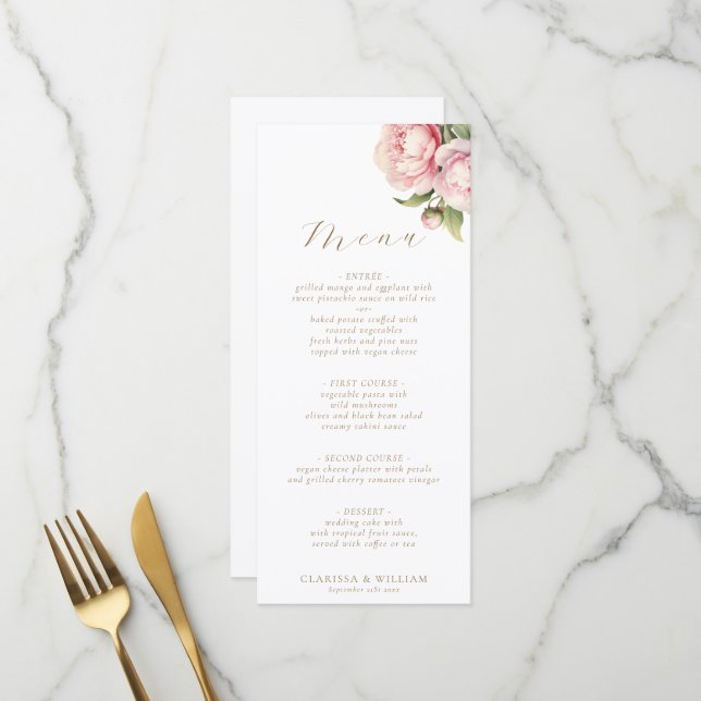 Elegante Blush Floral Wasserfarbe Weiße Hochzeit Menükarte (Vorderseite/Rückseite Beispiel)