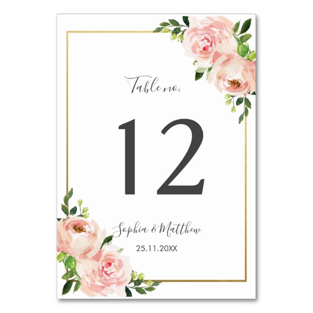 Elegante Blush Floral Wedding Tischnummer (Vorderseite)