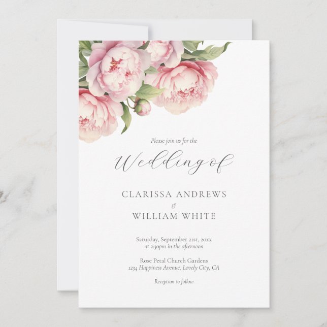Elegante Blush Floral White Moderne Skripthochzeit Einladung (Vorderseite)
