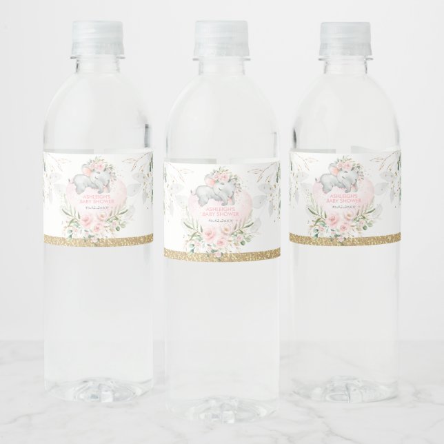 Elegante Blush Gold Floral Baby Elephant Dusche (Flaschen)