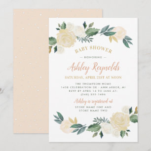 Elegante Blush-Gold-Grüne Blumen Mädchen-Baby-Part Einladung
