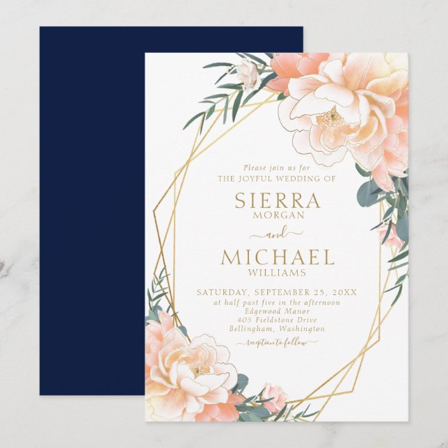 Elegante Blush Gold Peach Navy Blues Hochzeit Einladung (Vorne/Hinten)