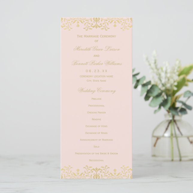 Elegante Blush Gold Vintager Glamour Hochzeit Programm (Stehend Vorderseite)