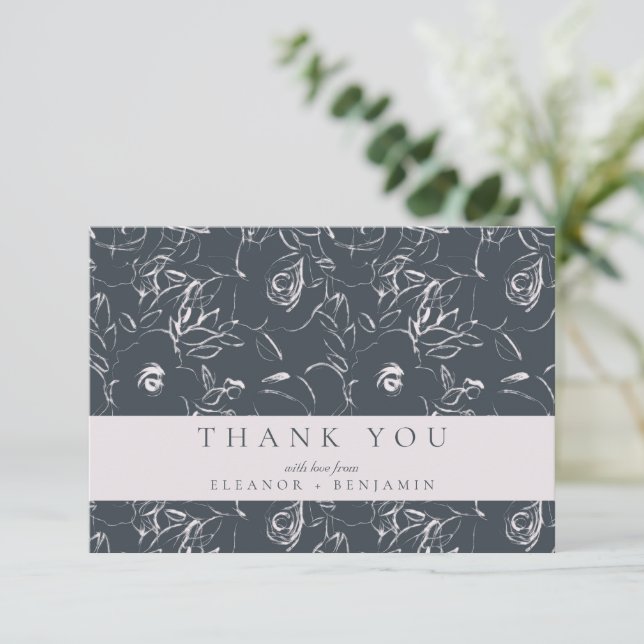 Elegante Blush Gray Botanische Blütenhochzeit nach Dankeskarte (Stehend Vorderseite)