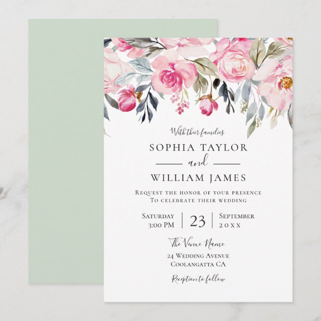 Elegante Blush & Greenery Wasserfarbenhochzeit Einladung (Vorne/Hinten)