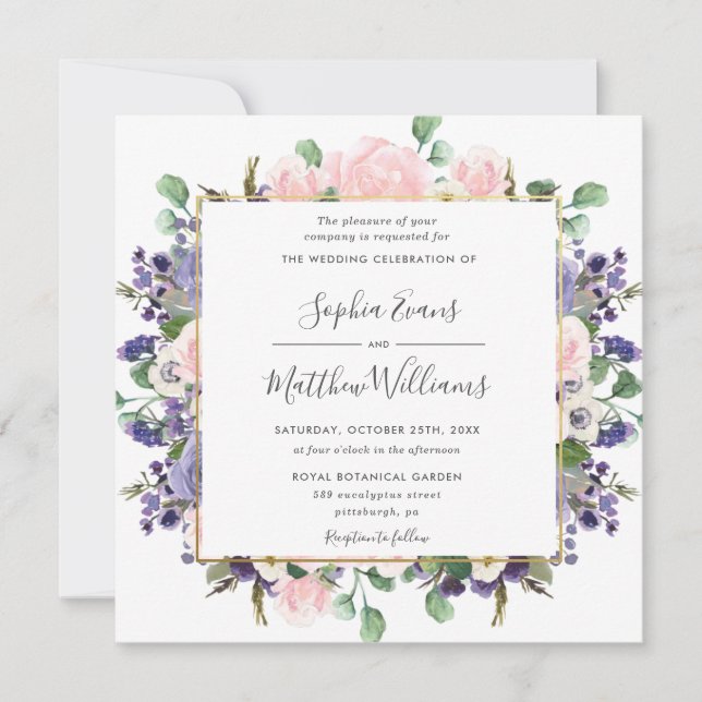 Elegante Blush Lavender Lila Blumengold Hochzeit Einladung (Vorderseite)