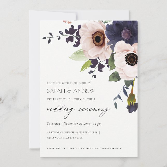 Elegante Blush Navy Anemone Bloral Wedding Einladu Dankeskarte (Vorderseite)