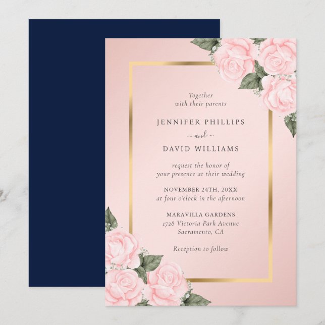 Elegante Blush Navy Blue Gold Floral Wedding Einladung (Vorne/Hinten)