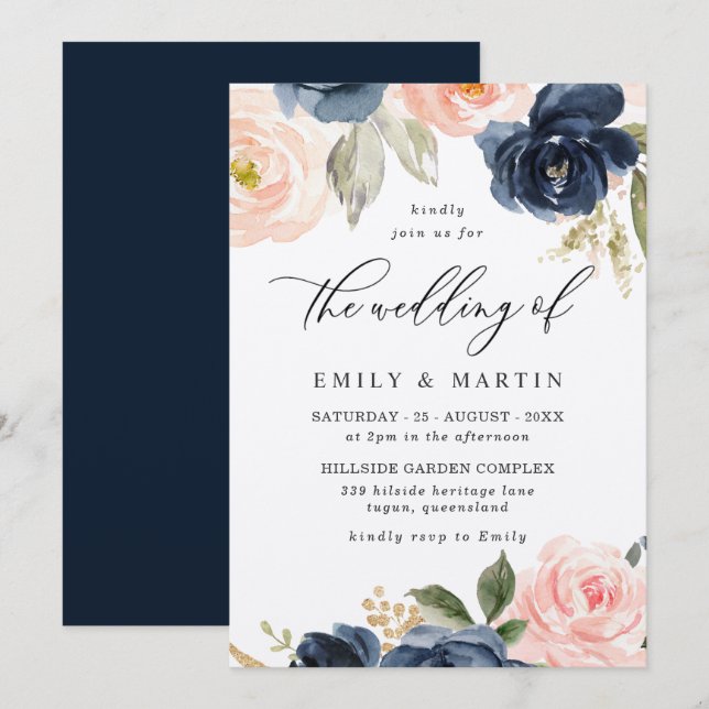Elegante Blush & Navy Floral Shimmer Hochzeit Einladung (Vorne/Hinten)