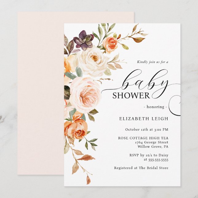 Elegante Blush Peach Floral Baby Dusche Einladung (Vorne/Hinten)