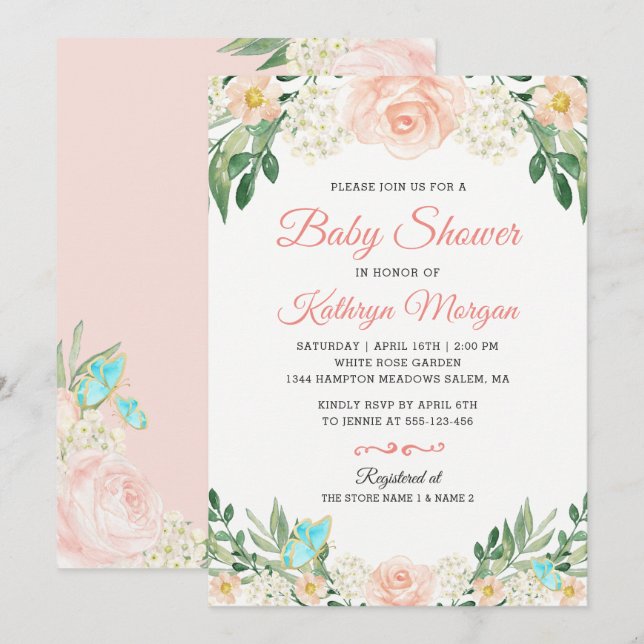 Elegante Blush Peach Floral Blossom Babydusche Einladung (Vorne/Hinten)