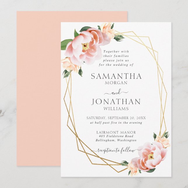 Elegante Blush Peach Gold Geometrische Hochzeit Einladung (Vorne/Hinten)