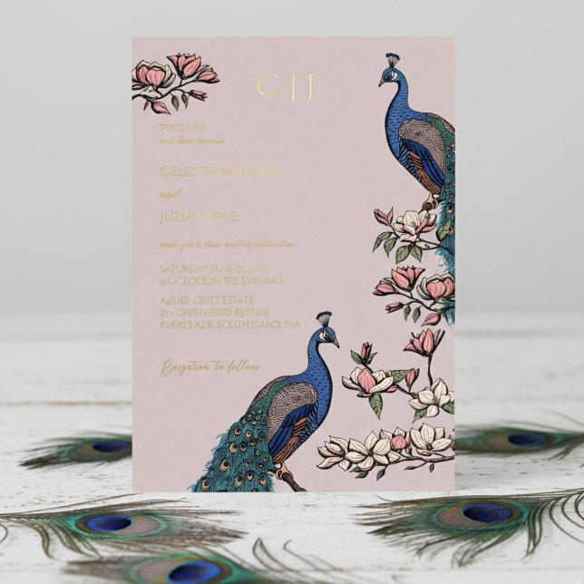 Elegante Blush Peacock Wedding Folieneinladung (Elegant Blush Pink Wedding Invitations. Trendy Floral Blue Peacock, Teal Feathers, Magnolia Flowers)