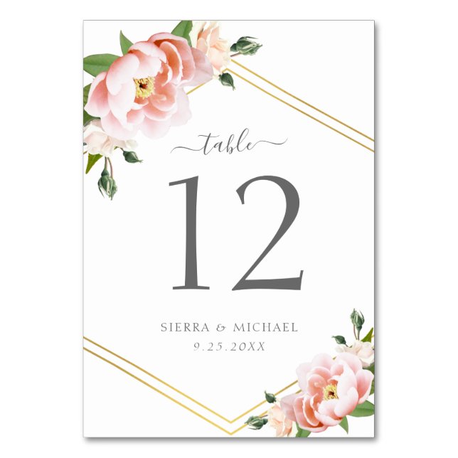 Elegante Blush Peony Gold Geometric Wedding Tischnummer (Vorderseite)