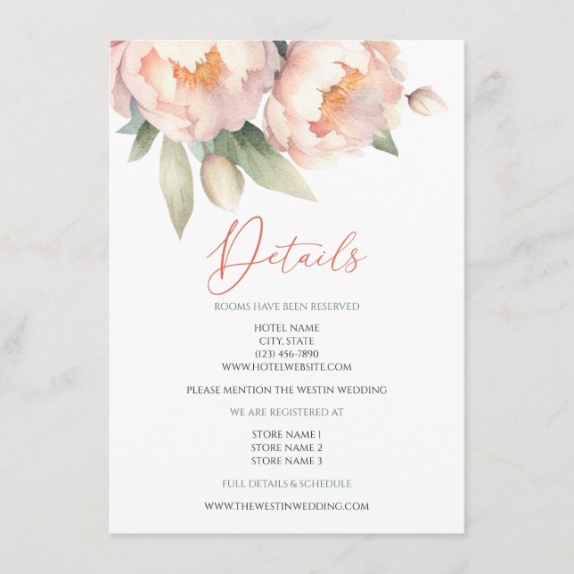 Elegante Blush Peony Watercolor Bloral Wedding Begleitkarte (Vorderseite)
