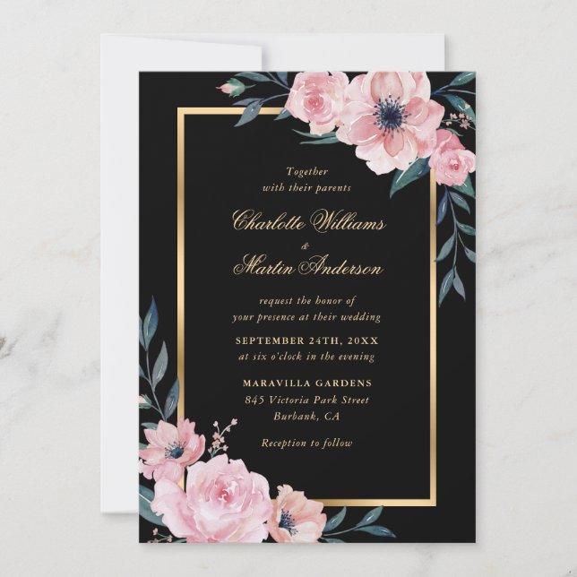 Elegante Blush Pink Black Gold Floral Wedding Einladung (Vorderseite)