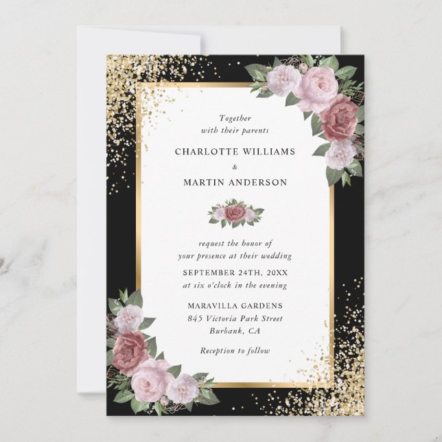 Elegante Blush Pink Black Gold Floral Wedding Einladung (Vorderseite)