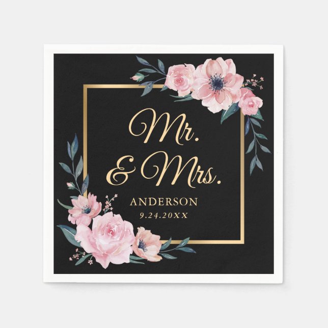 Elegante Blush Pink Black Gold Floral Wedding Serviette (Vorderseite)