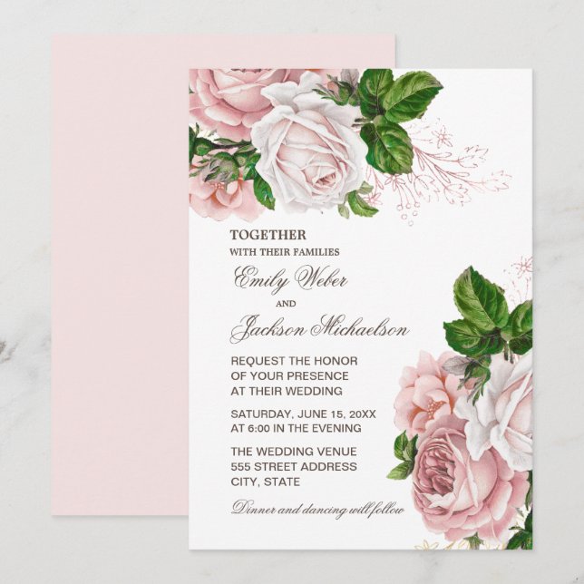 Elegante Blush Pink Bläserne Hochzeit Einladung (Vorne/Hinten)