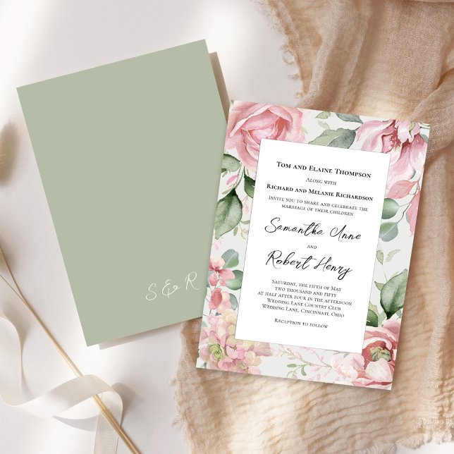 Elegante Blush Pink Bläserne Hochzeit Einladung (Elegant blush pink floral with save green background wedding invitations. )