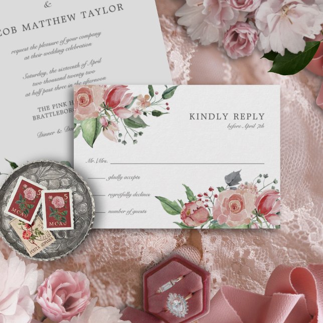 Elegante Blush Pink Bläserne Hochzeit RSVP Karte (This floral RSVP card has an elegant, vintage look and features pink watercolor roses.)
